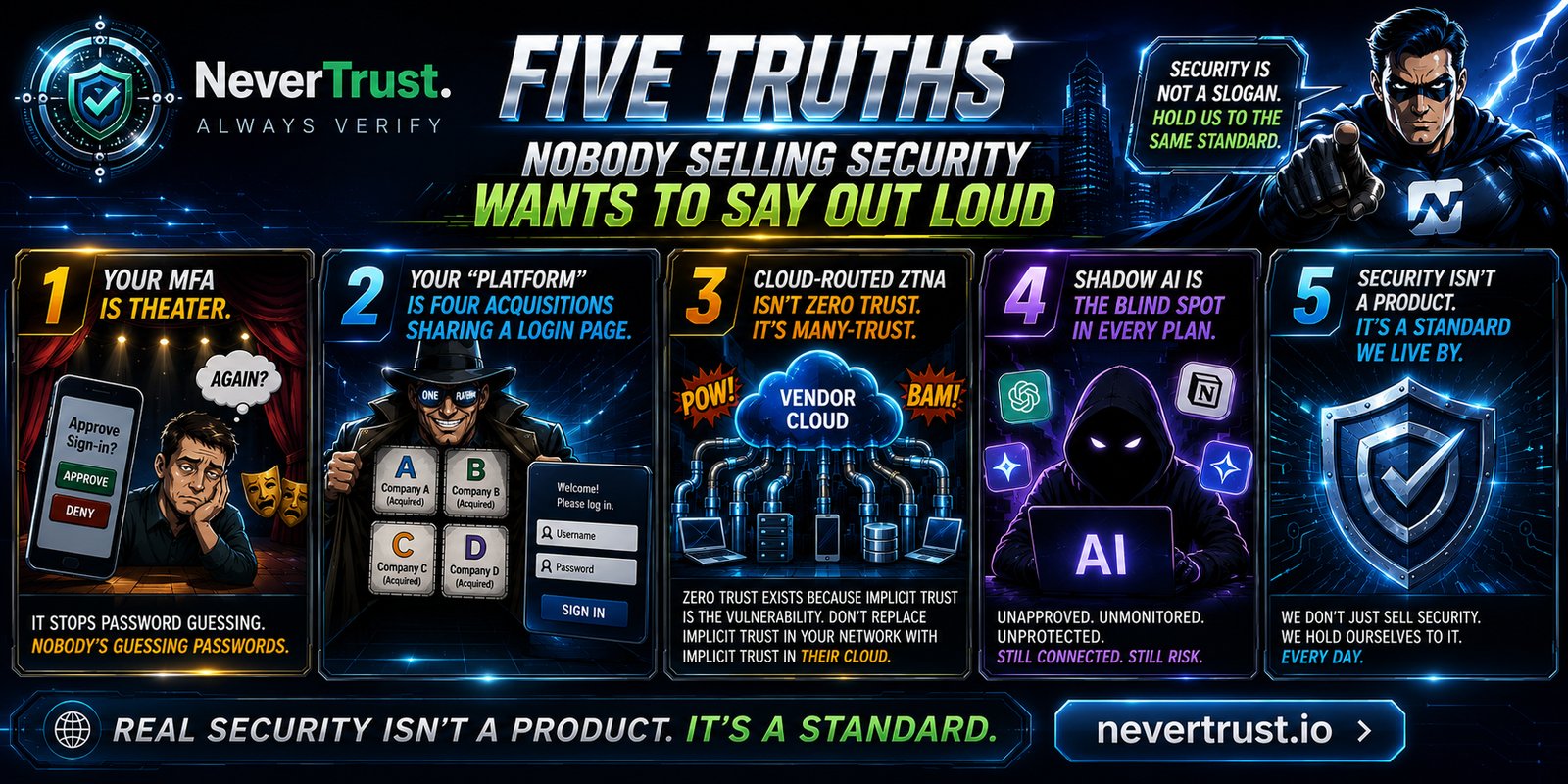 Five Truths Nobody Selling Security Wants to Say Out Loud — MFA is theater, your platform is four acquisitions sharing a login page, cloud-routed ZTNA is many-trust, Shadow AI is the blind spot, and security is a standard we live by.